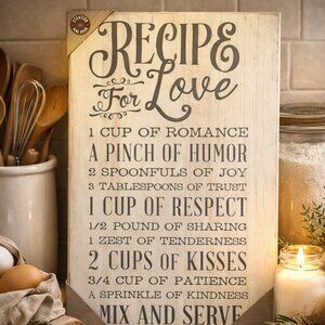 NWT Recipe for Love Kitchen Wall Art Rustic Wood Sign